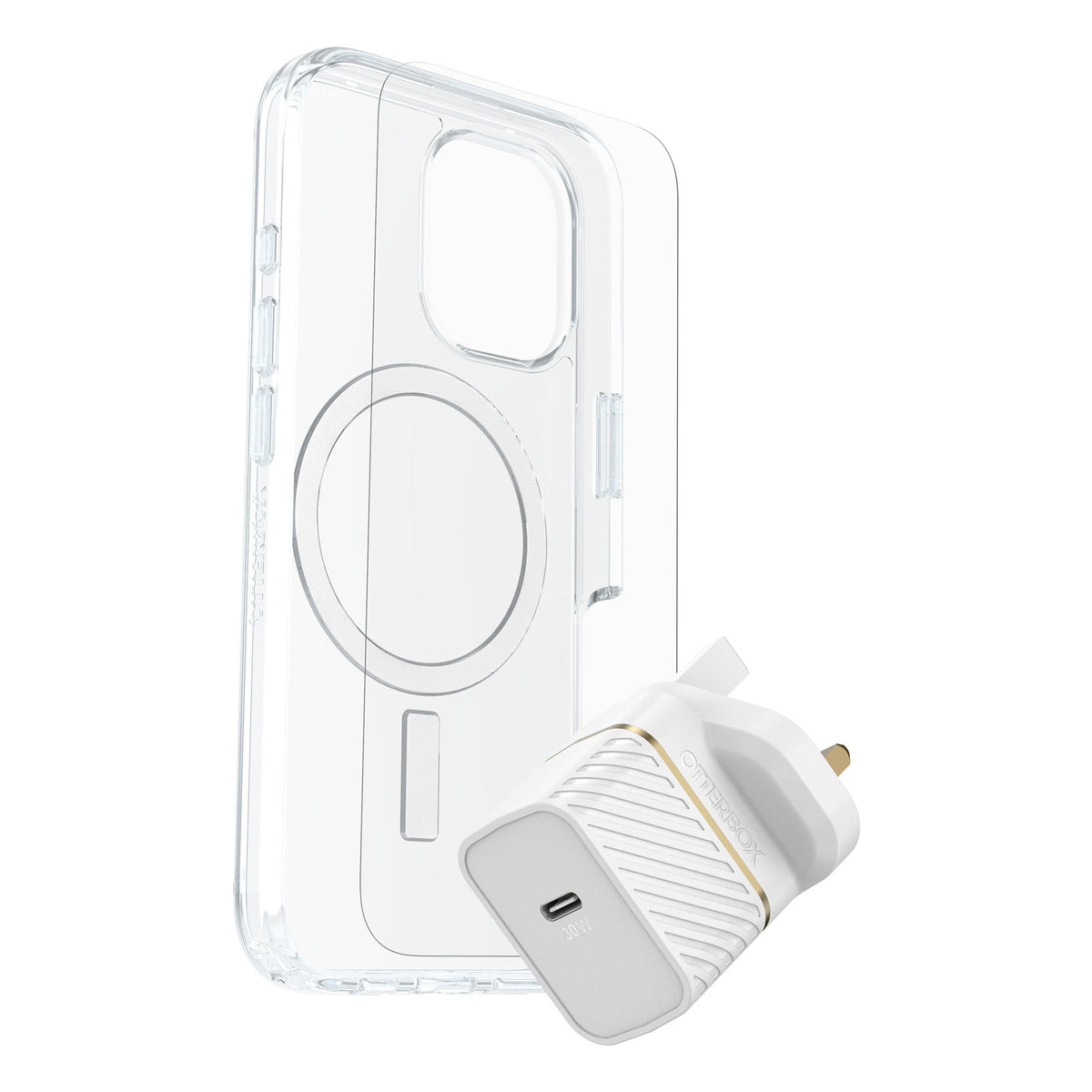OtterBox Symmetry Clear MagSafe Cover + Premium Glass + Fast Charge Wall Charger 30W for iPhone 16 Pro