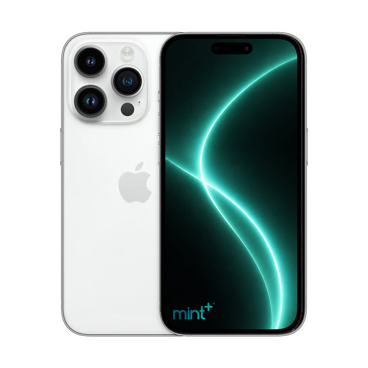 Photo of iPhone 14 pro silver with mint+ wallpaper