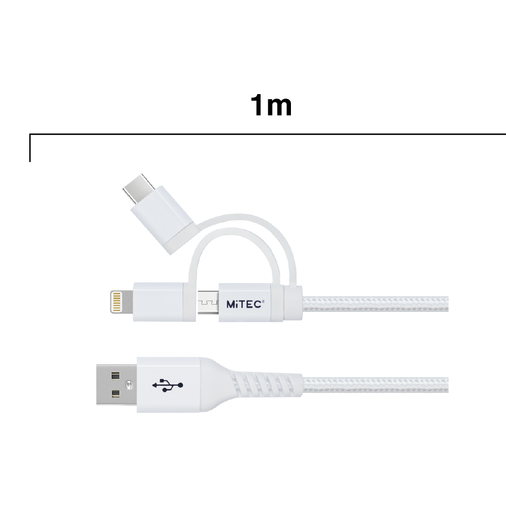 MiTEC MiPOWER Lightning/USB-C/Micro USB to USB-A Braided Cable 1m -  White - 0