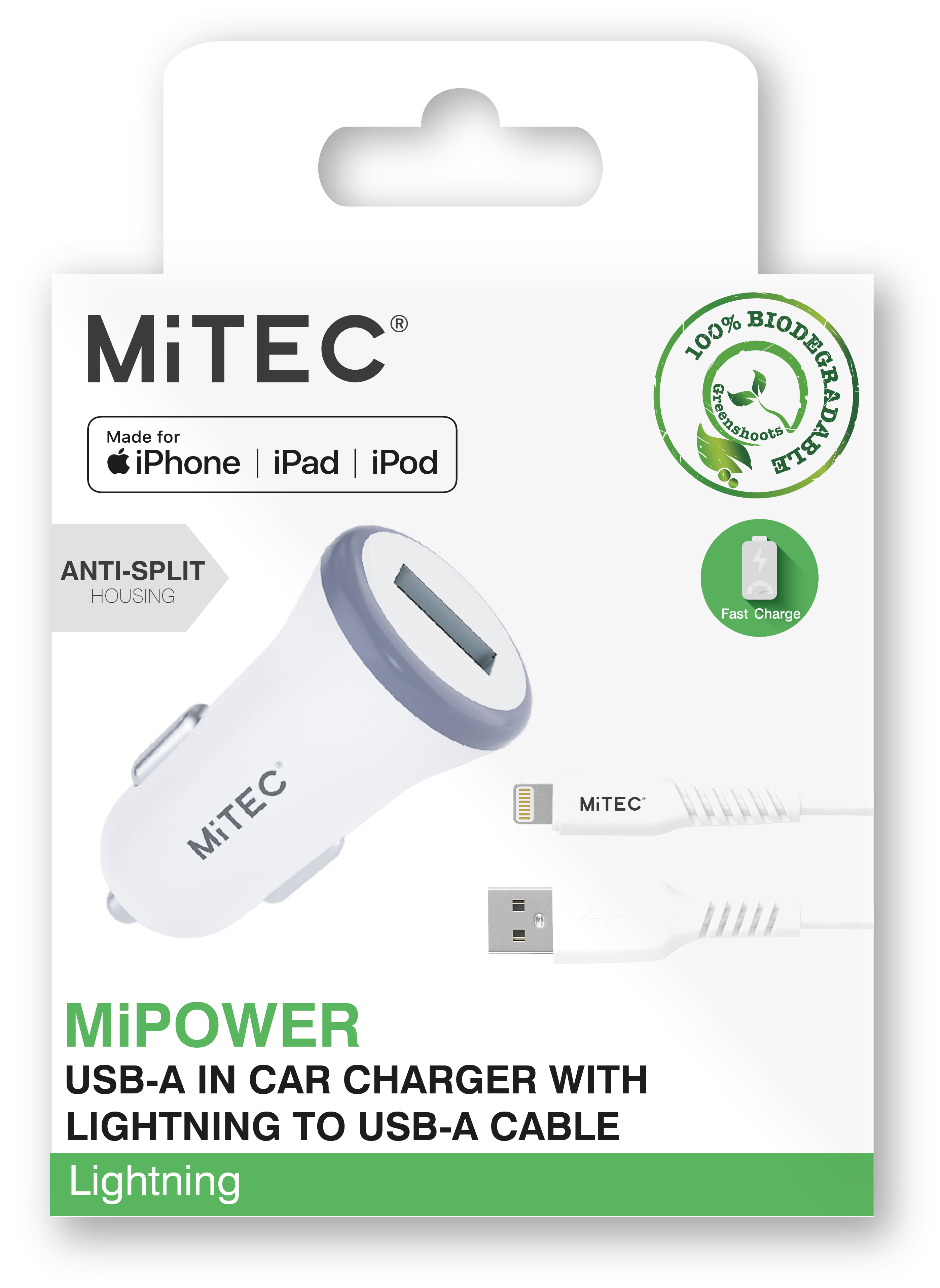 MiTEC MiPOWER 10w In Car Charger with Lightning Cable - White - 0