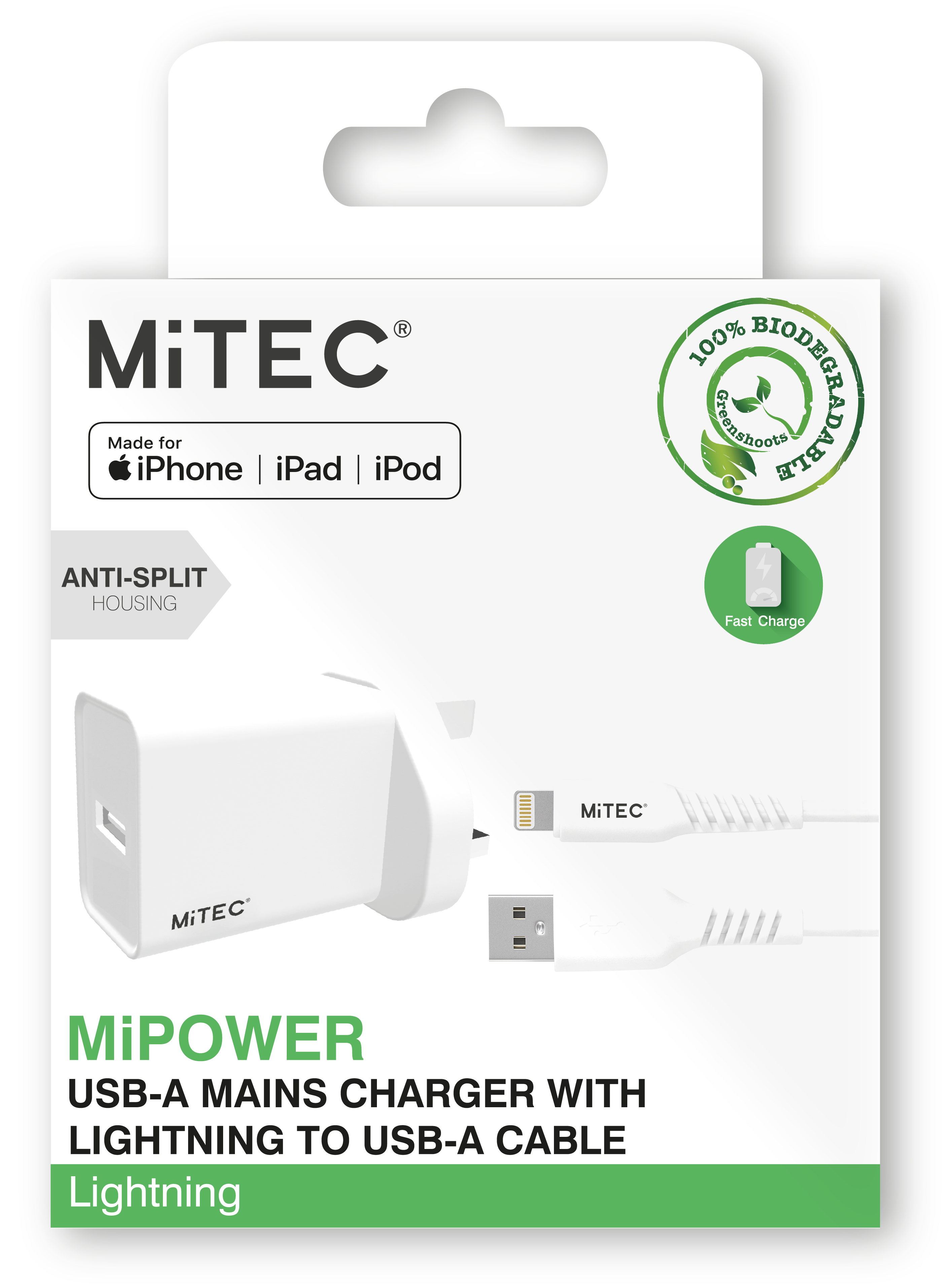MiTEC MiPOWER 20W Mains Charger with Lightning Cable - White