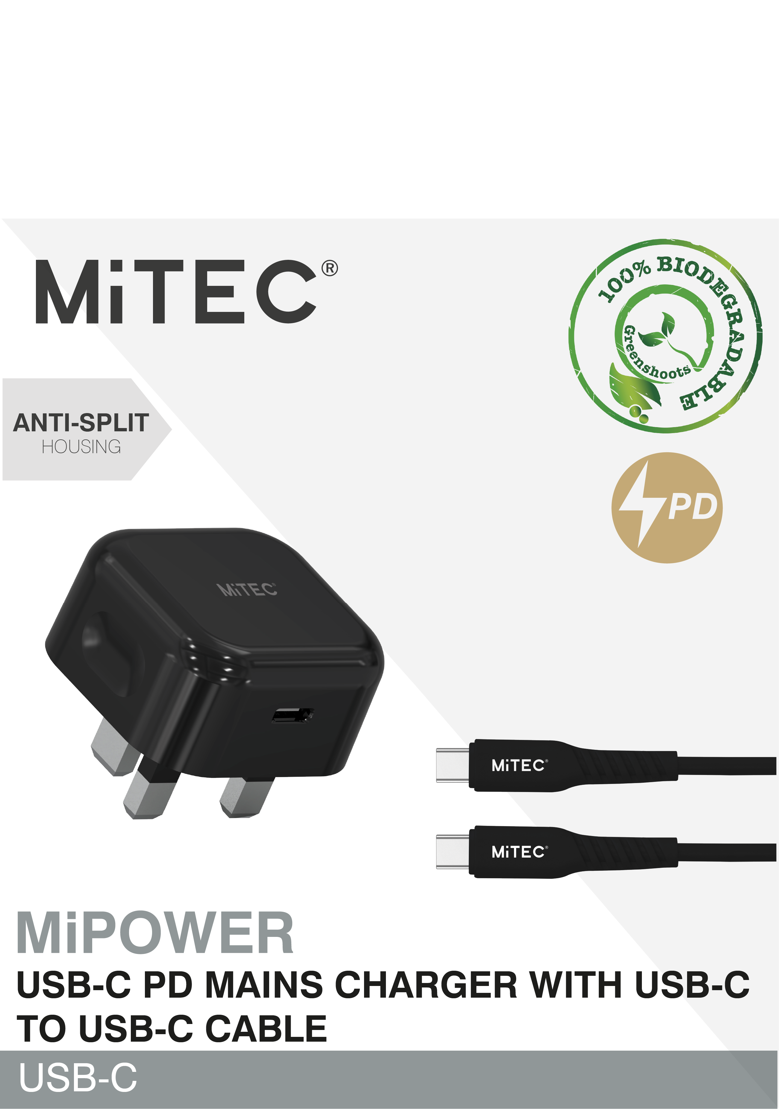 MiTEC MiPOWER Mains Charger with Type-C Cable - Black - 0