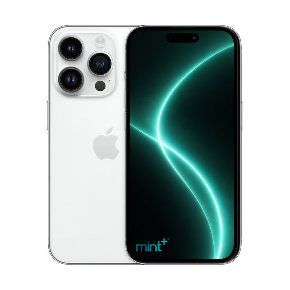 Photo of iPhone 14 pro silver with mint+ wallpaper